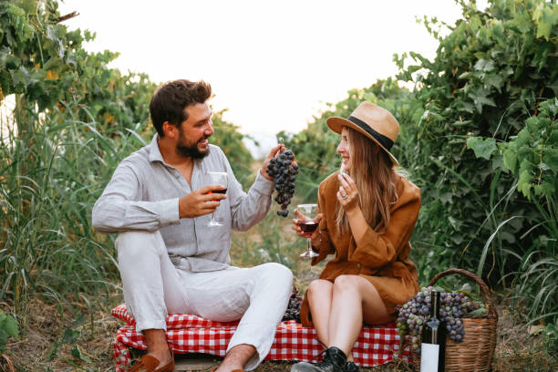 istock Couple clinking red wine glass in a Vineyard during sunset. 1419704961