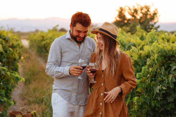istock Couple clinking red wine glass in a Vineyard during sunset. 1419705624