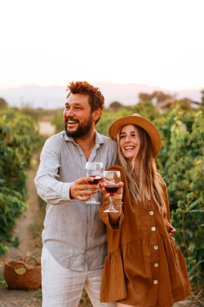 istock Couple clinking red wine glass in a Vineyard during sunset. 1419705753