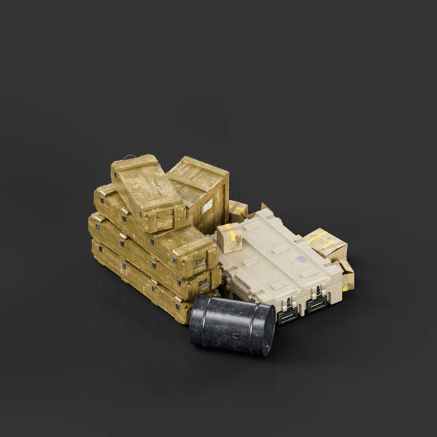 istock Isometric view Military arsenal pile with cargo containers and ammunition boxes, 3d rendering 1419705961
