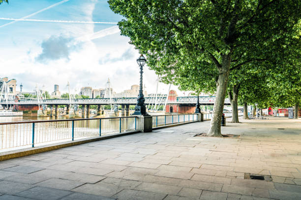 Path along the south bank of the River Thames, London stock photo