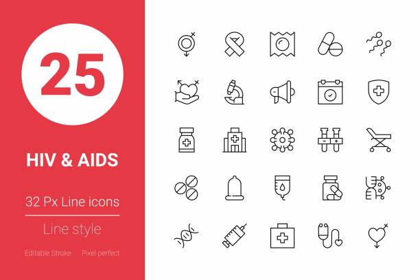 ilustrações, clipart, desenhos animados e ícones de ícones da linha fina do hiv e aids. golpe editável. pixel perfeito. para mobile e web. - aids