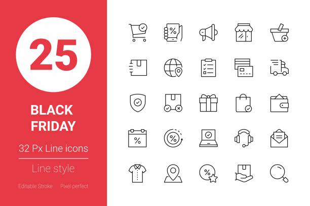 illustrations, cliparts, dessins animés et icônes de icônes black friday thin line. contour modifiable. pixel parfait. pour mobile et web. - price list