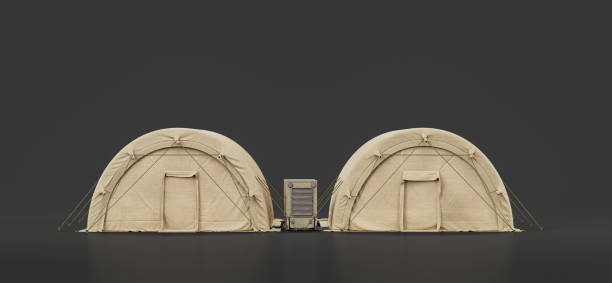 tente militaire et abri, camping pour soldats, tente d’aide humanitaire, rendu 3d - employee barracks photos et images de collection