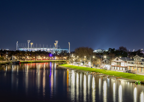 Night Time View of the MCG (Melbourne Cricket Ground) from Princess Bridge at Night Time. Melbourne Victoria