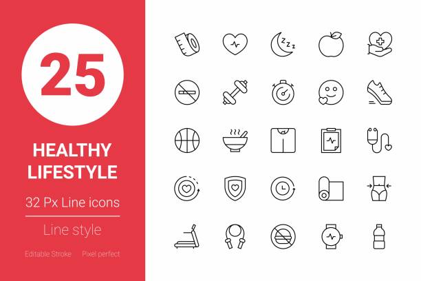 Healthy Lifestyle Thin Line Icons. Editable Stroke. Pixel Perfect. For Mobile and Web. Healthy Lifestyle Thin Line Icons. Editable Stroke. Pixel Perfect. For Mobile and Web. wellness stock illustrations