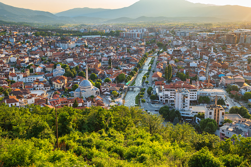 Prizren cityscape from the fortress at sunset in Kosovo. Prizren, Kosovo. Prizren aerial view, a historic and touristic city located in Kosovo