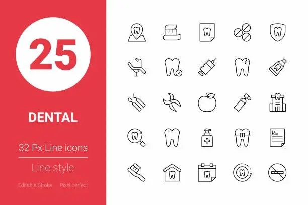 Vector illustration of Dental Thin Line Icons. Editable Stroke. Pixel Perfect. For Mobile and Web.