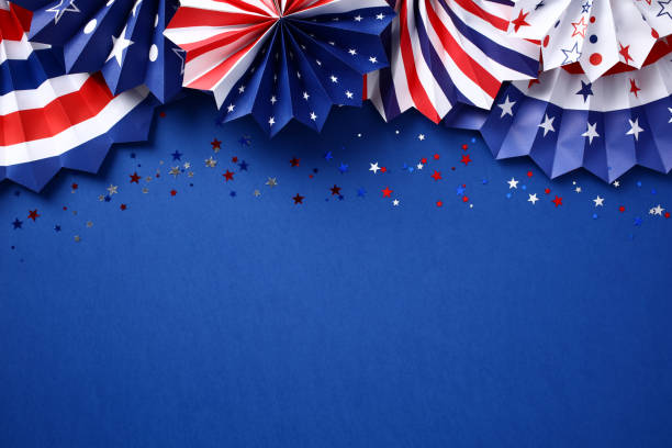 Happy Independence day USA banner mockup paper fans in American national colors and confetti stars. USA Presidents Day, American Labor day, Memorial Day concept stock photo