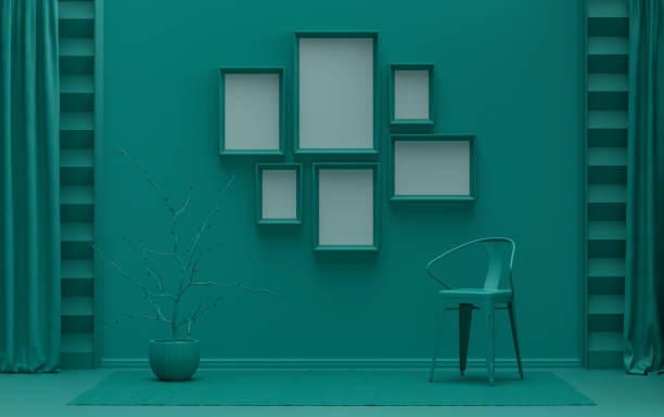 istock Poster frame background room in flat dark green color with 6 frames, poster frame mock-up 1419713652
