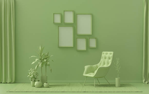 istock Wall mockup with six frames in solid flat pastel light green color, monochrome interior 1419713837