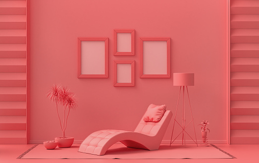 Interior room in plain monochrome light pink, 4 frames with a meditation bed, Gallery wall