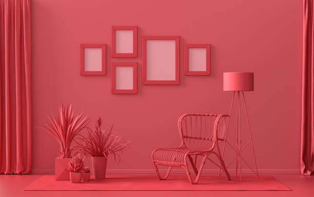 istock Flat color interior room for poster showcase with 5 frames, monochrome red gallery wall 1419714504