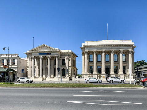 Downtown street view in historic town, Oamaru, New Zealand