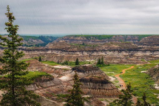 A panoramic cloudy sky over Horseshoe Canyon in Drumheller in the summer.