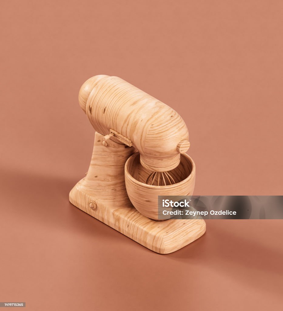 Isometric wooden mixer in monochrome interior. Houshold object. 3d rendering Isometric wooden mixer in monochrome interior. Houshold object, 3d rendering, nobody Electric Mixer Stock Photo