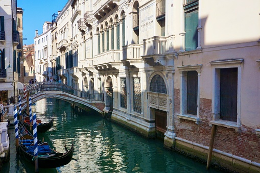 Narrow canals, tall houses on the sides, bridges of Venice. Canals and narrow streets of Venice. Deserted Venice. There are no people in Venice.