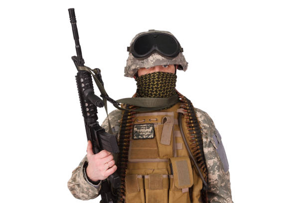 US ARMY soldier with carbine isolated on white background