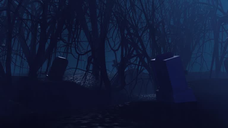 3d animation 4k.Spooky dark forest with fog or cloud and blue cool moon light for Halloween theme.