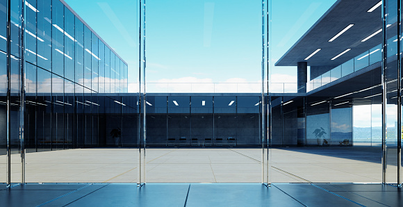 Modern glass wall commercial buildings. Realistic 3d rendering
