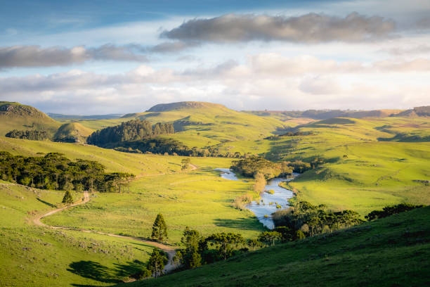 krajobraz południowej brazylii i krajobraz rzeczny o spokojnym zachodzie słońca - valley tree remote landscape zdjęcia i obrazy z banku zdjęć