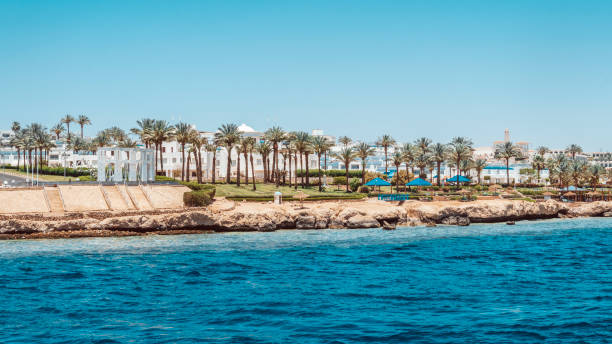 sea view of rocky coast of the resort town of sharm el sheikh. red sea egypt. - sinai peninsula imagens e fotografias de stock