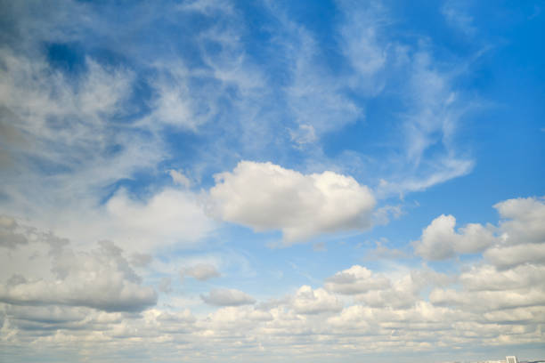 istock White cumulus clouds in the blue sky. Bright beautiful sky, copy space background 1419731813