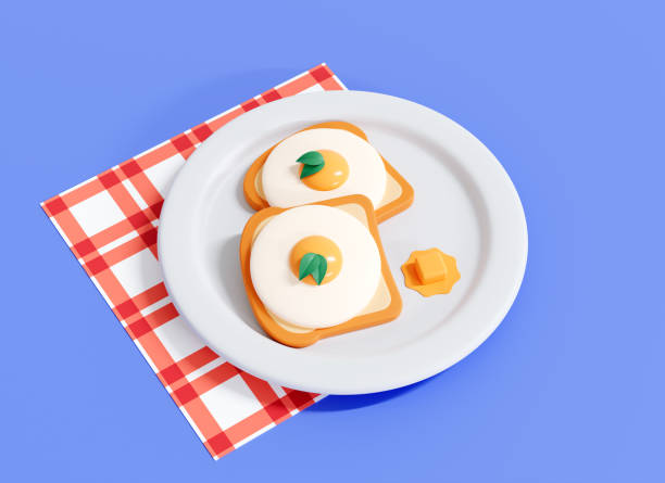 3D Sandwich with fried egg and butter on plate. Healthy morning breakfast. Bread with eggs. Table setting. Low Poly design. Cartoon creative illustration isolated on blue background. 3D Rendering