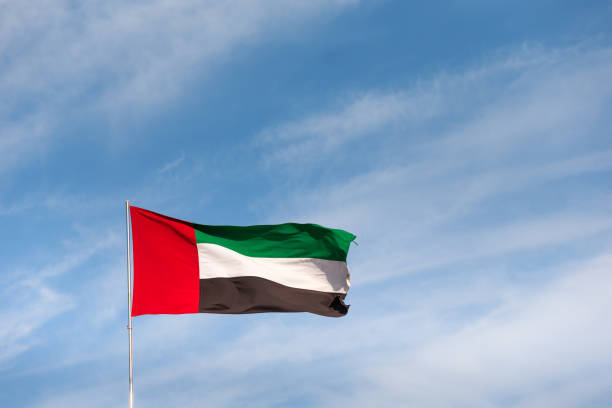 развевающийся в небе флаг оаэ, национальный символ оаэ - uae flag стоковые фото и изображения