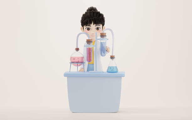 istock 3D cartoon female analyst with chemical vessel, 3d rendering. 1419733529