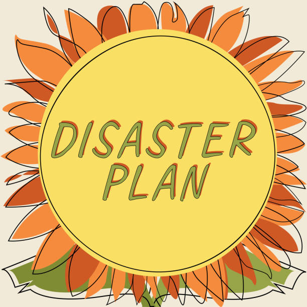 schild mit der aufschrift katastrophenplan. geschäftsansatz reagieren sie auf die notfallvorsorge survival und first aid kit frame mit blättern und blumen und wichtigen ankündigungen im inneren. - disaster business plan preparation stock-grafiken, -clipart, -cartoons und -symbole