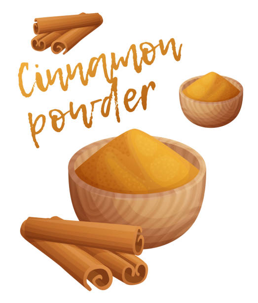 ilustrações de stock, clip art, desenhos animados e ícones de cinnamon powder and sticks vector icon isolated on white background. cinnamon ingredient in wooden bowl cartoon illustration - canella