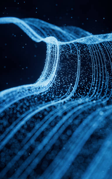 Flowing particles with glowing lines, 3d rendering. Flowing particles with glowing lines, 3d rendering. Computer digital drawing. bandwidth stock pictures, royalty-free photos & images