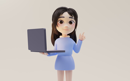Little girl working with laptop with cartoon style, 3d rendering. Computer digital drawing.