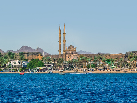 View from the Red Sea to the Old Market and Al Sahaba Mosque in Sharm El Sheikh, Egypt