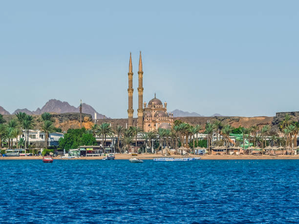 View from the Red Sea to the Old Market and Al Sahaba Mosque in Sharm El Sheikh, Egypt stock photo