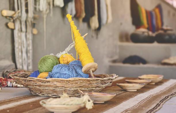 istock Stretched alpaca yarn being prepped for making clothing. Alpaca Wool Production in Peru, Selective focus. 1419741296