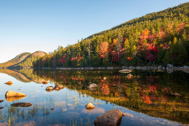 jordan pond in fall - jordan imagens e fotografias de stock