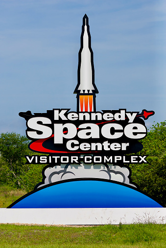 Merritt Island, Florida, USA - May 30, 2020: Sign at the entrance to the Kennedy Space Center Visitor Complex at Cape Canaveral.