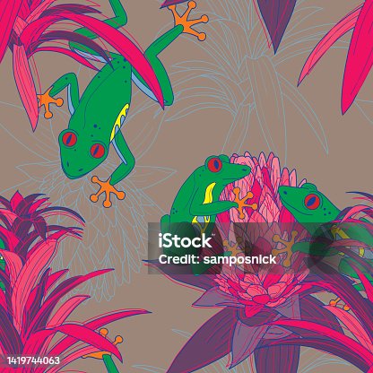 istock 90s does the 70s Retro Style Bright Tree Frog and Floral Bromeliad Seamless Patterns 1419744063