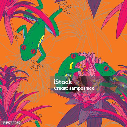 istock 90s does the 70s Retro Style Bright Tree Frog and Floral Bromeliad Seamless Patterns 1419744069