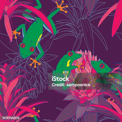 istock 90s does the 70s Retro Style Bright Tree Frog and Floral Bromeliad Seamless Patterns 1419744074
