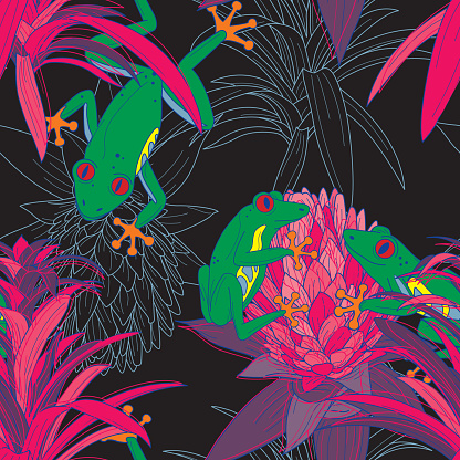 Fun and funky retro 90s does the 70s style kids seamless pattern featuring tree frogs and bromeliad flowers. Global colours, easy to change.
