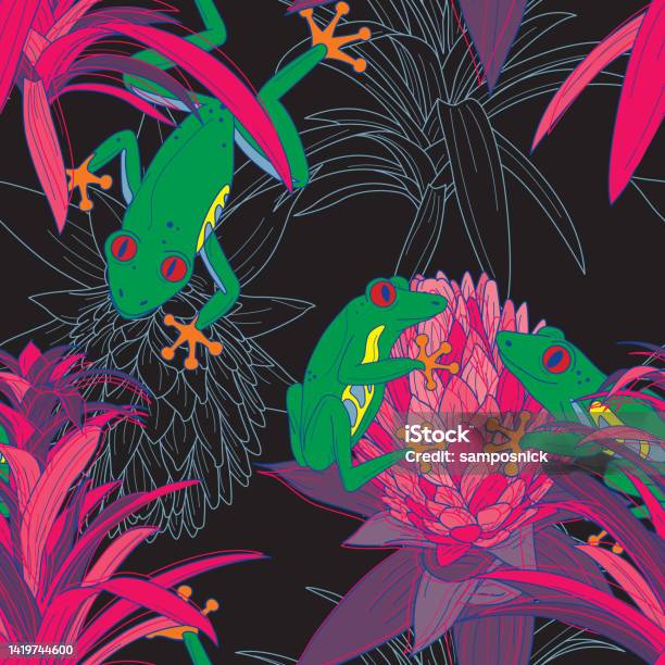 90s Does The 70s Retro Style Bright Tree Frog And Floral Bromeliad Seamless Patterns Stock Illustration - Download Image Now