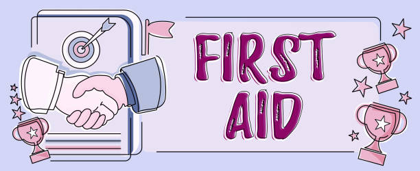 Sign displaying First Aid. Business overview Practise of healing small cuts that no need for medical training Colleagues Sharing Thoughts Together With Speech Bubbles And Assorted S Sign displaying First Aid, Business concept Practise of healing small cuts that no need for medical training Colleagues Sharing Thoughts Together With Speech Bubbles And Assorted S succor stock illustrations