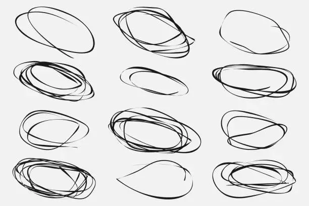 Vector illustration of Vector set of objects hand drawn use black doodle ellipses on white background illustration for design