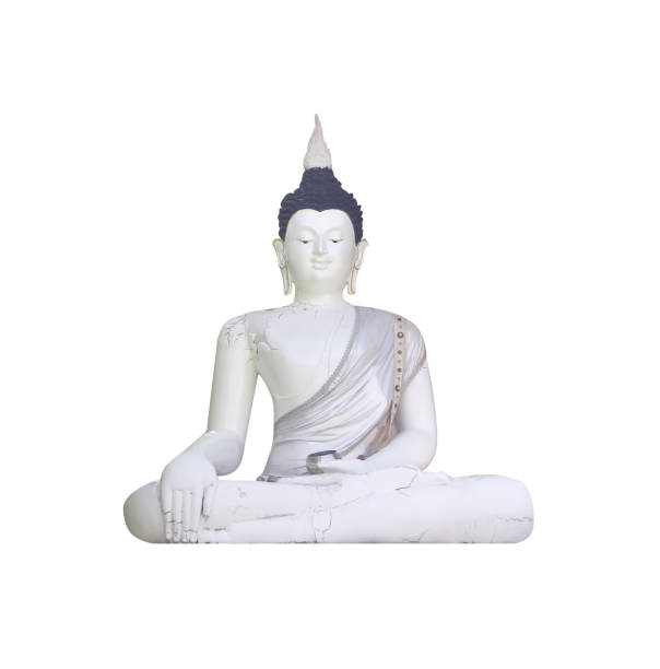istock Vintage sitting buddha image statue white stucco isolated on white background , clipping path 1419756534