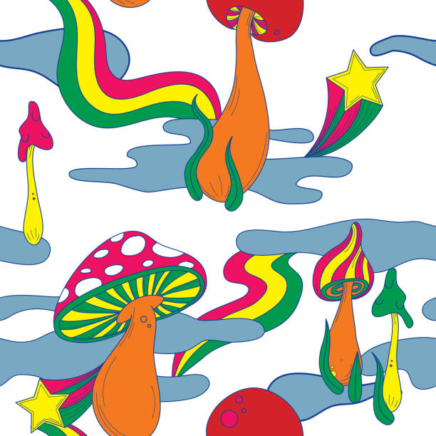 70s Retro Style Cosmic Trippy Mushroom Seamless Pattern vector art illustration