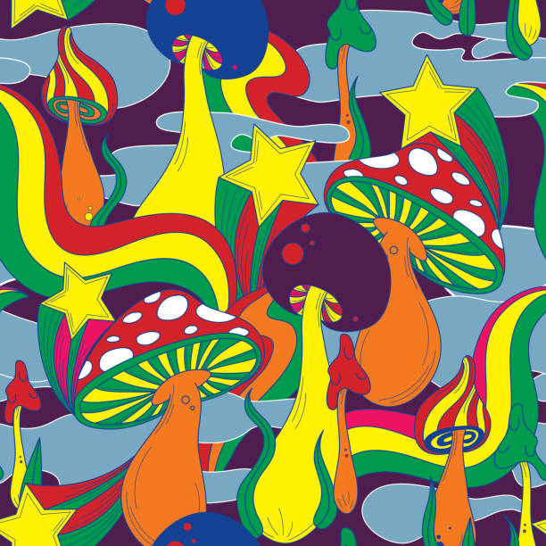 70s Retro Style Cosmic Trippy Mushroom Seamless Pattern vector art illustration
