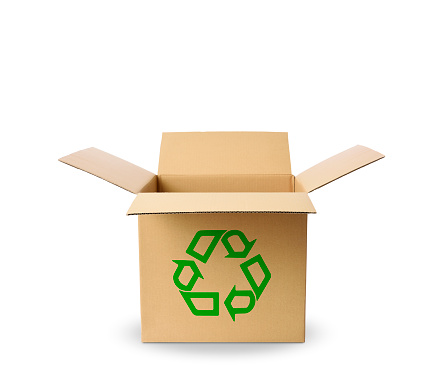 Close-up of cardboard box with green recycling symbol on white background. \nRecycling concepts.